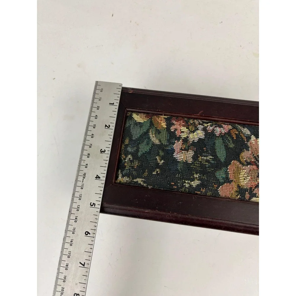 Vintage Wooden Jewelry Box Floral Tapestry Top Mirror‎ Vanity Keepsake Box